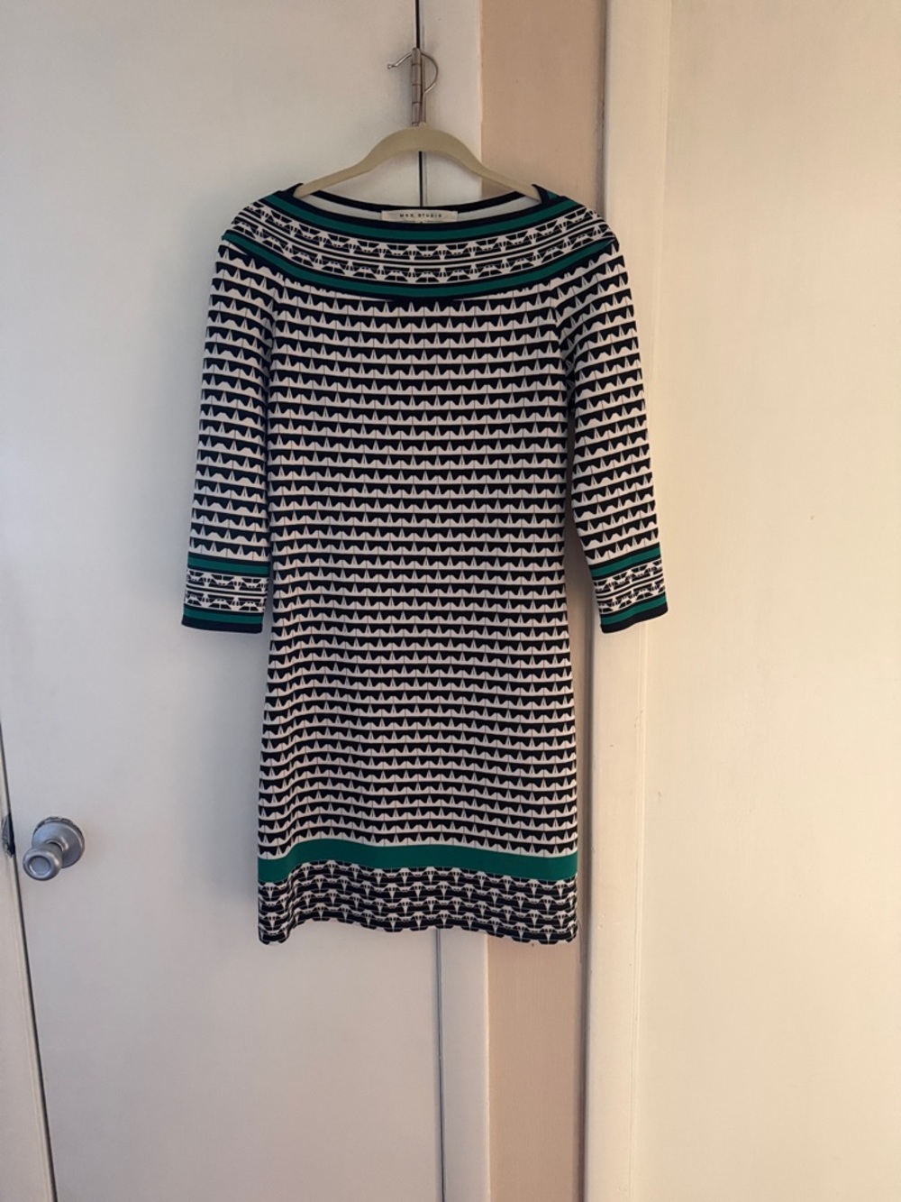 Max Studio Black, White & Teal Geometric Midi Dress